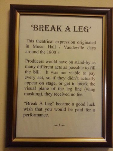 Plaque with false information about the origin of the phrase "Break a Leg"
