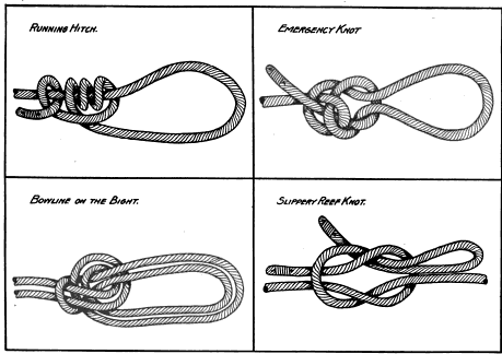 Running hitch, emergency knot, bowline on the bight, slippery reef knot