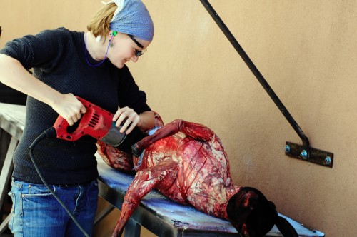 Amy Slater cuts a fake goat apart