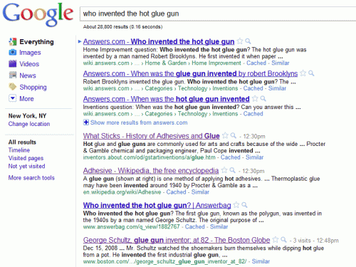 Google search for "Who invented the hot glue gun"
