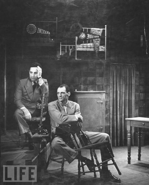 (L-R) Director Elia Kazan and playwright Arthur Miller on the Broadway set of "Death of a Salesman"