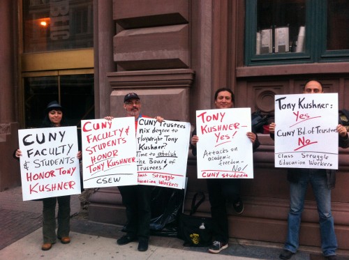 Kushner supporters outside the Public Theater, photograph by Jay Duckworth