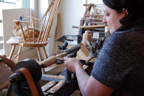 Natalie on a human-powered lathe Natalie on a human-powered lathe